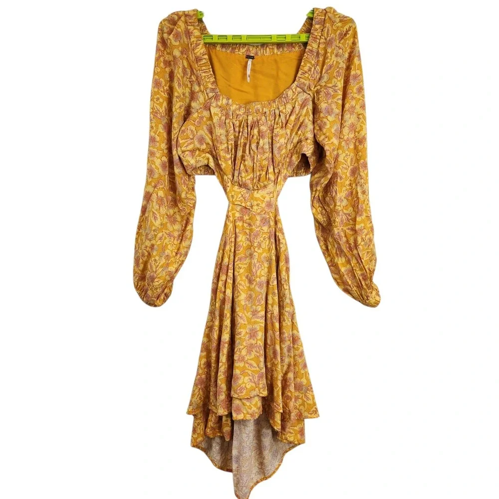 FREE PEOPLE Size XS Jael Printed Mini Dress In Golden Combo Off Shoulder Viscose